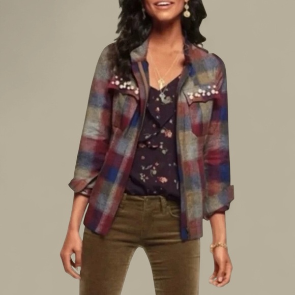 CAbi Pearl Embellished Flannel Plaid College Upscale Casual Jacket Women Medium - Picture 1 of 12